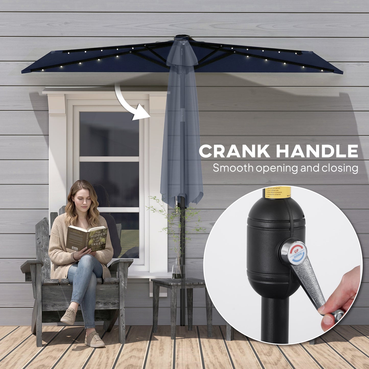 2.6 m Half Parasol with Solar Lights, UPF50+ Semi Round Umbrella