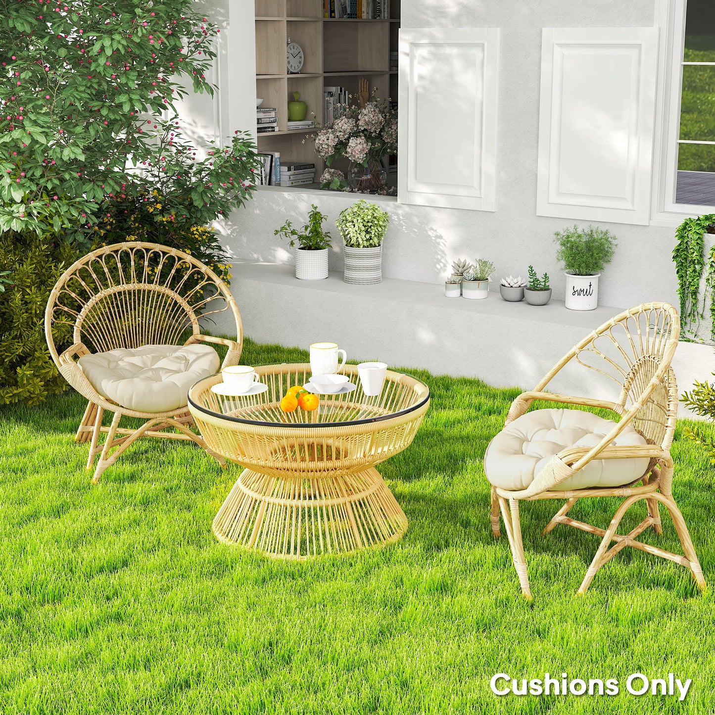 Outdoor Seat Cushions Set of 2, Tufted Round Chair Pads, Beige