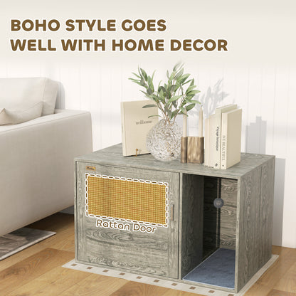 Cat Litter Box Enclosure with Rattan Door, Boho Style Hiddern Litter Box Furniture, Cat House End Side Table with Scratching Mat, Toy Ball, Non-slip Foot Pads, 80 x 50 x 50cm, Grey