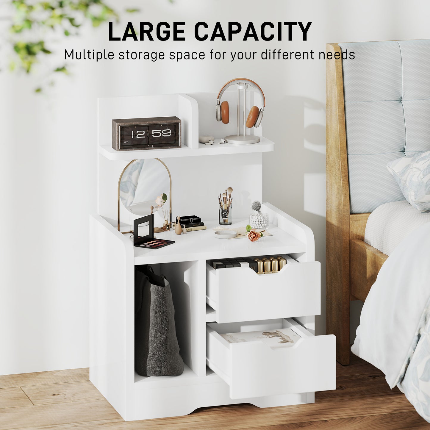 Modern Bedside Table with 2 Drawers and Open Shelves for Bedroom