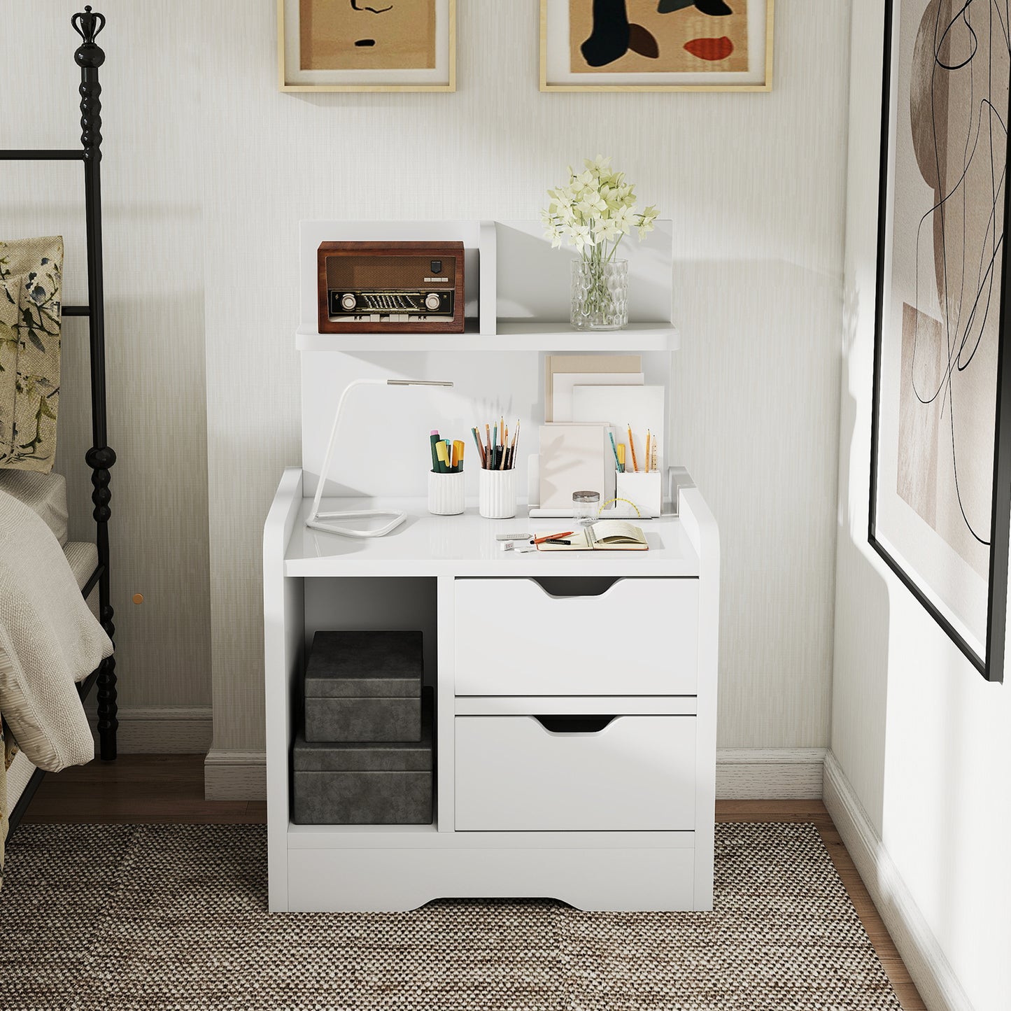 Modern Bedside Table with 2 Drawers and Open Shelves for Bedroom