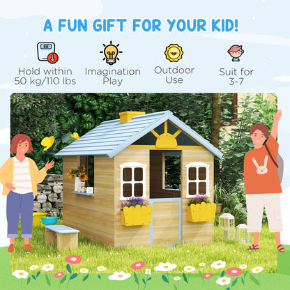 Wooden Kids Playhouse w/ Door, Windows, Bench, For 3-7 Years Blue