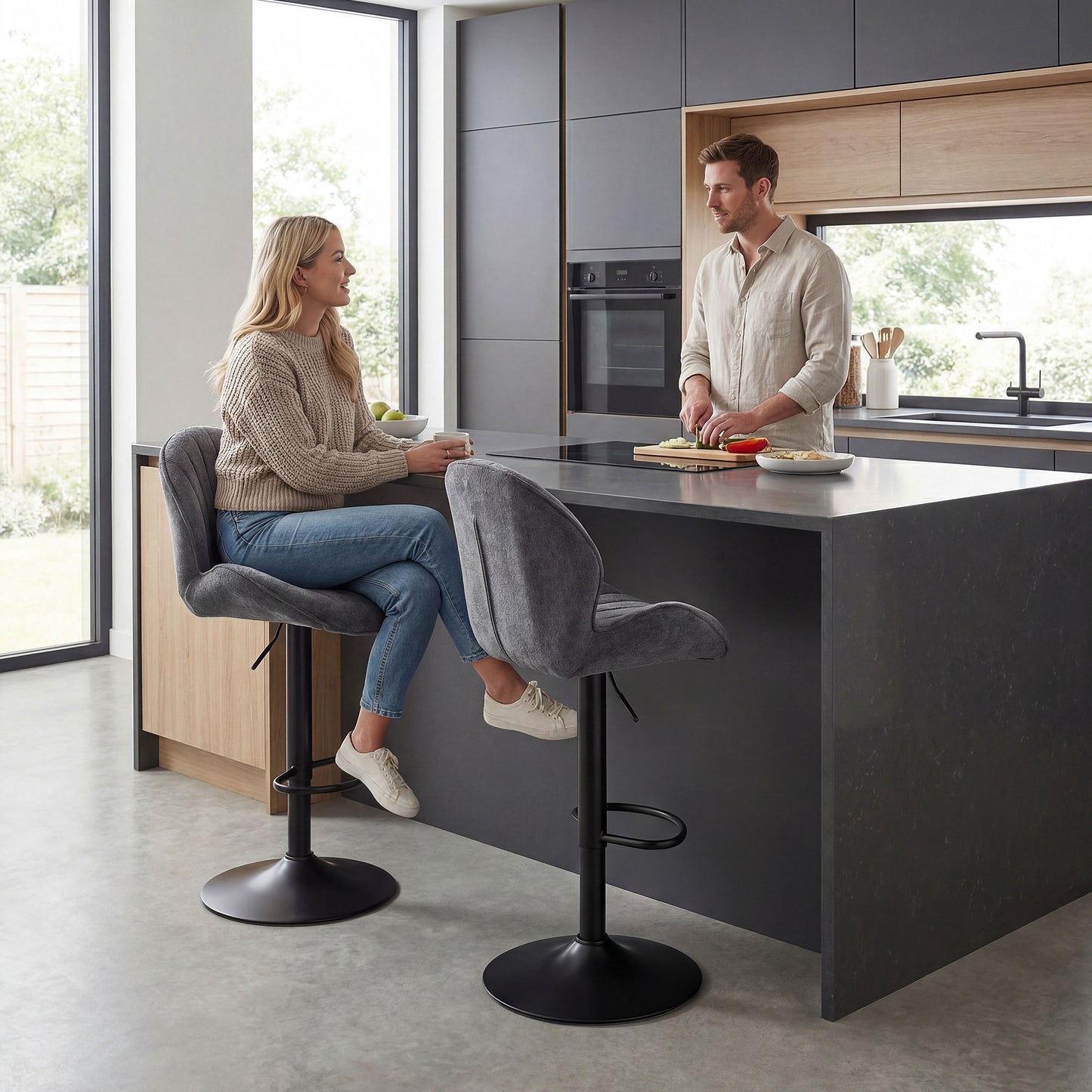 Modern Bar Stools Set of 2, Swivel Counter Height Barstools, Grey