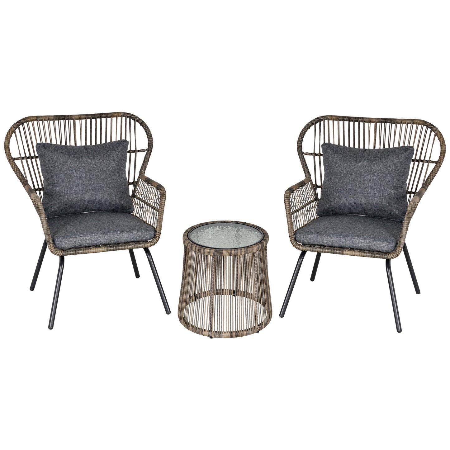 3 PCS Webbed PE Rattan Outdoor Patio Set w/ Cushions Steel Frame Grey