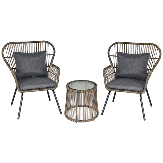 3 PCS Webbed PE Rattan Outdoor Patio Set w/ Cushions Steel Frame Grey