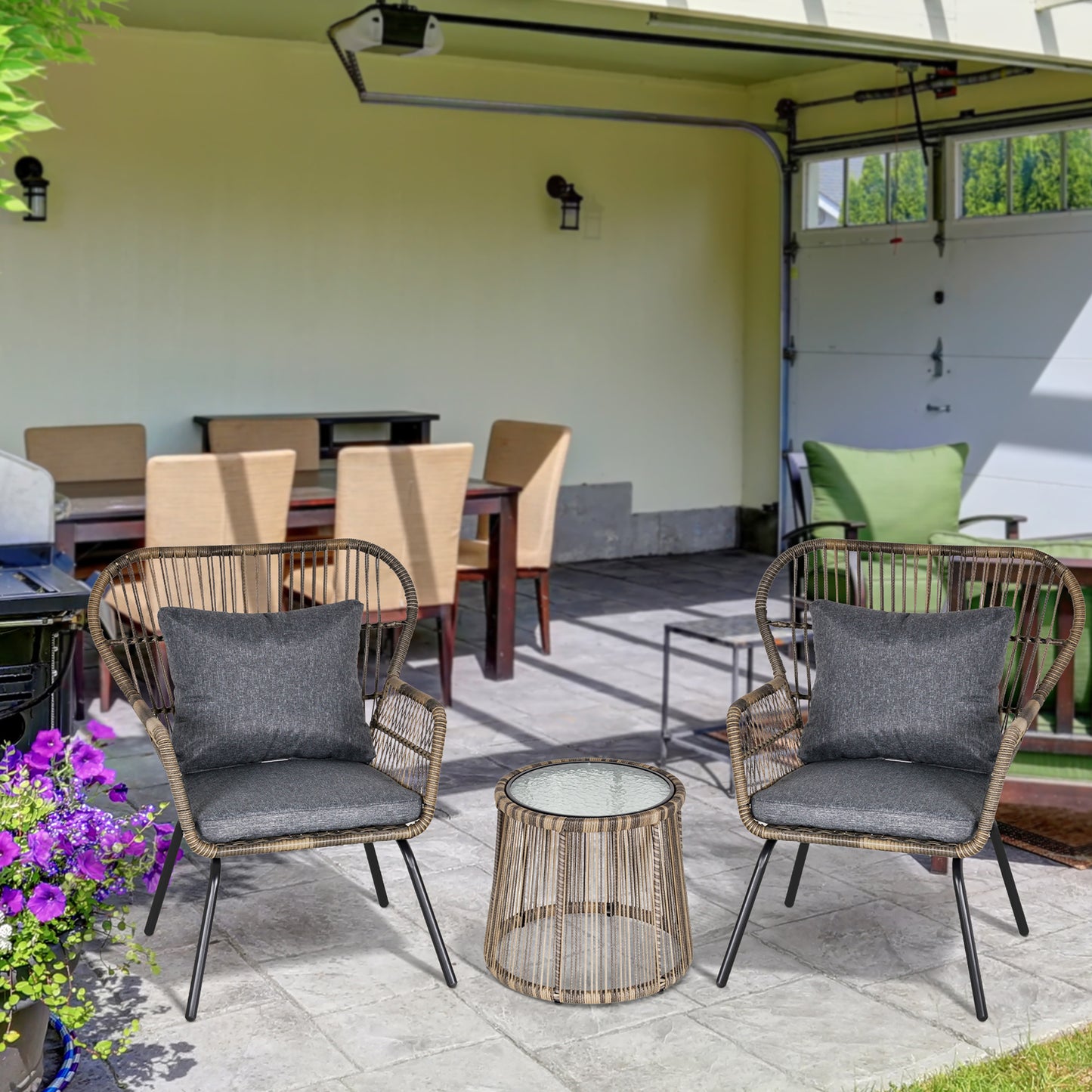 3 PCS Webbed PE Rattan Outdoor Patio Set w/ Cushions Steel Frame Grey