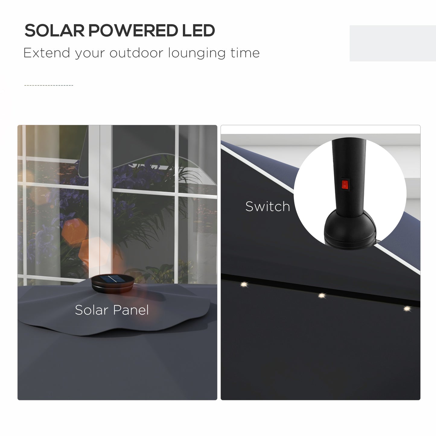 Solar Patio Umbrella with LED and Tilt, Outdoor Market Table Umbrella Parasol with Crank, 3 x 3 (m), Grey