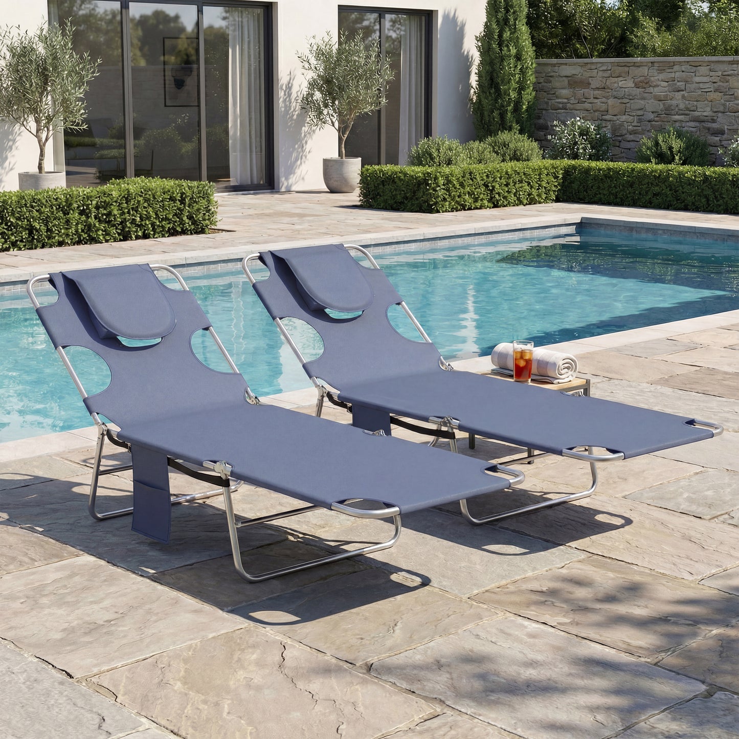 2 Sun Loungers with Reading Hole, Folding Garden Lounger, Grey