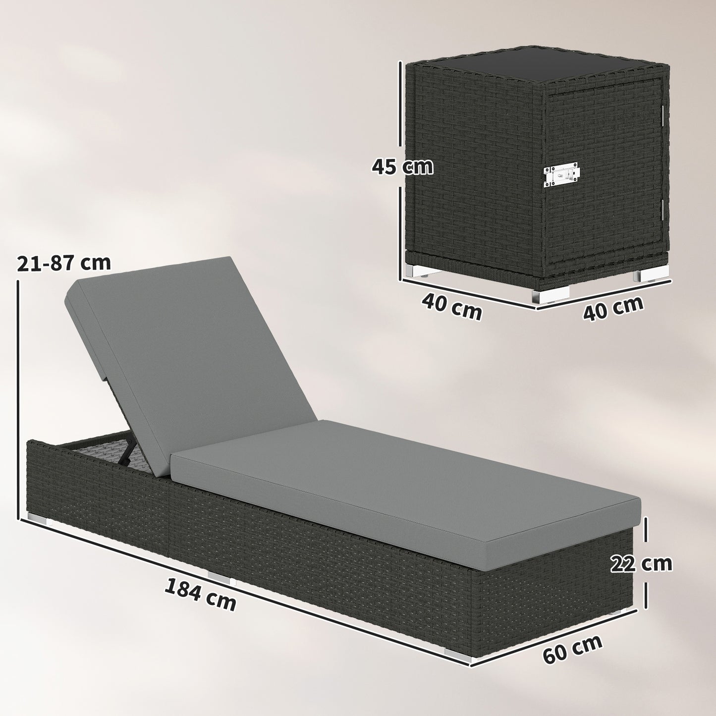 Rattan Sun Loungers Set of 2 with Side Table, Dark Grey