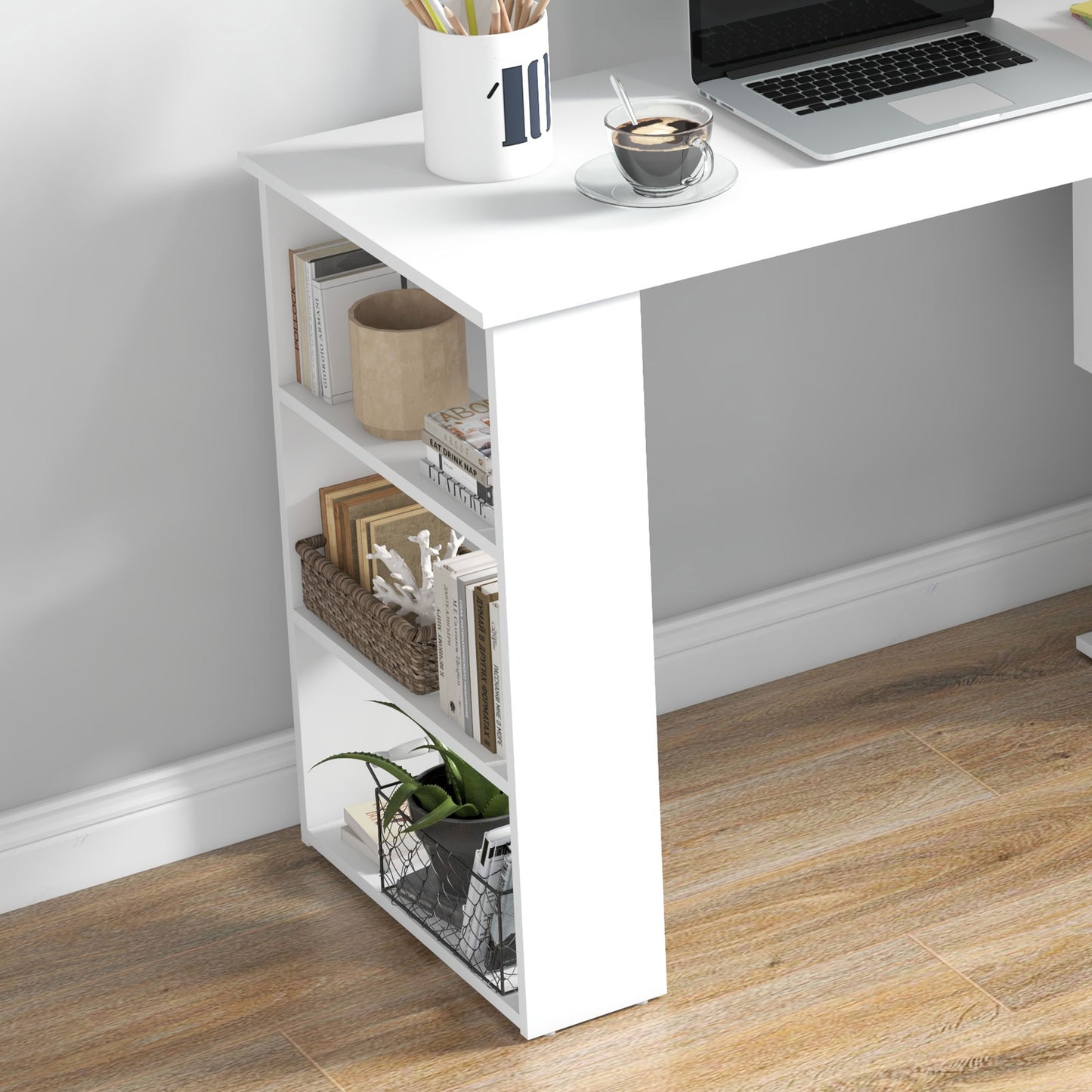 Corner Computer Desk with 360° Rotating Design and Bookshelf, White
