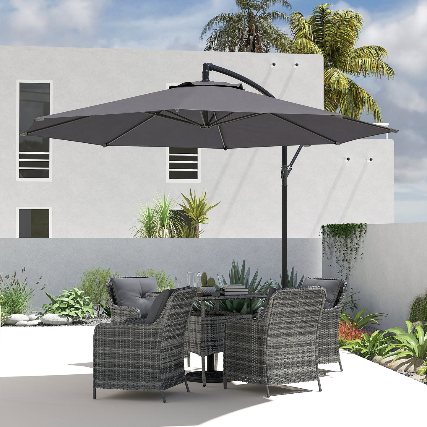 3(m) Garden Banana Parasol Cantilever Umbrella w/ Base, Grey