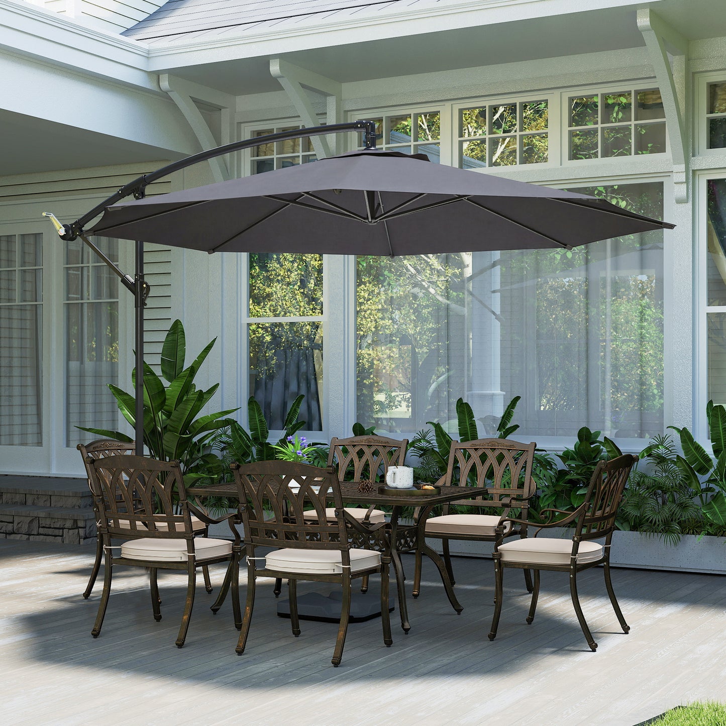 3(m) Garden Banana Parasol Cantilever Umbrella w/ Base, Grey