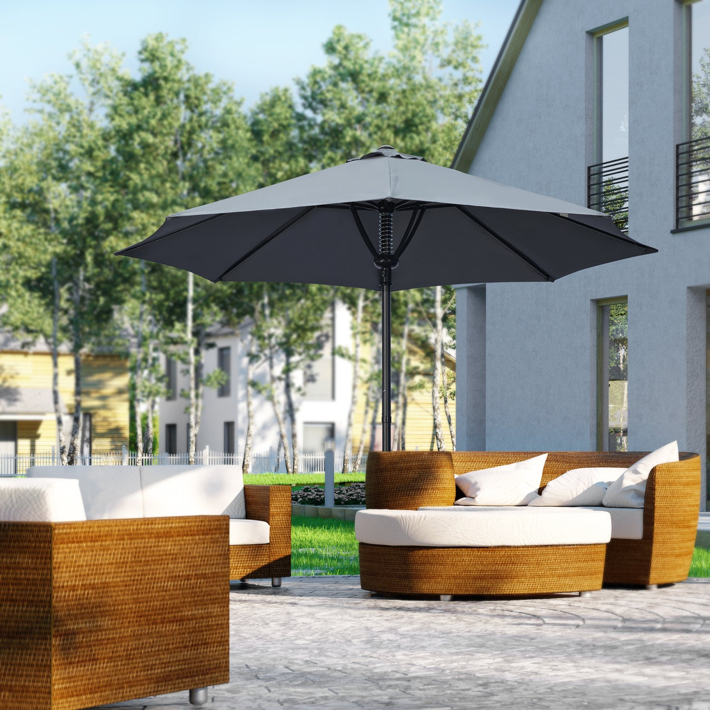 Garden Parasol Umbrella, Outdoor Market Table Umbrella Sun Shade Canopy with 8 Ribs, Grey