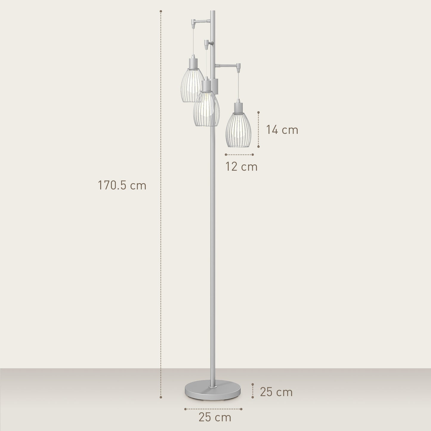 Industrial 3-Light Floor Lamp Dimmable Standing Lamp, Silver Tone