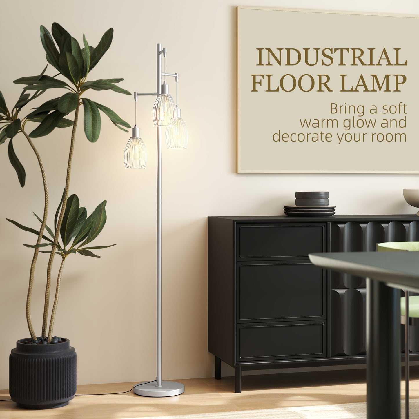 Industrial 3-Light Floor Lamp Dimmable Standing Lamp, Silver Tone