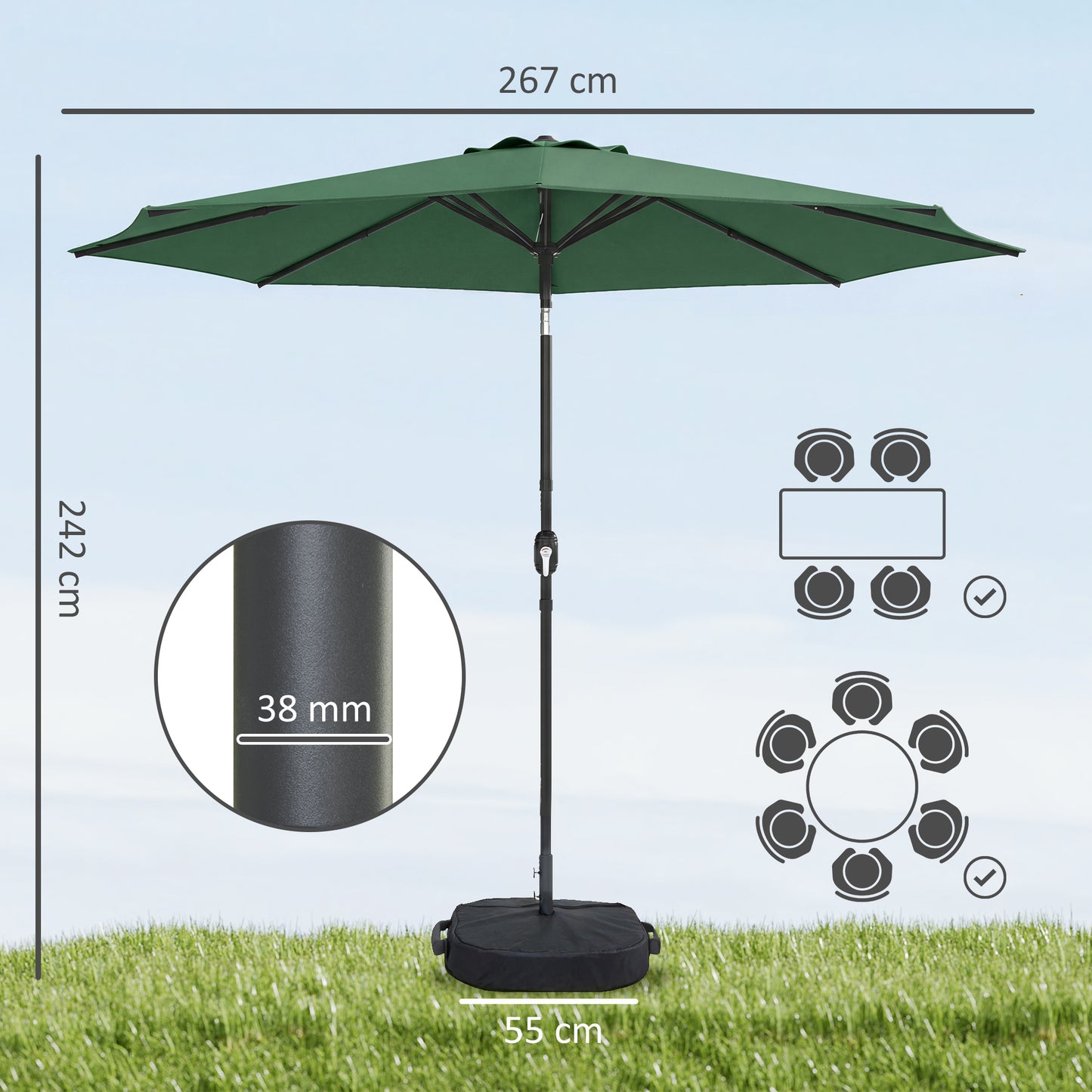 2.7 m Garden Parasol Umbrella with Cross Base, Sandbag, Green