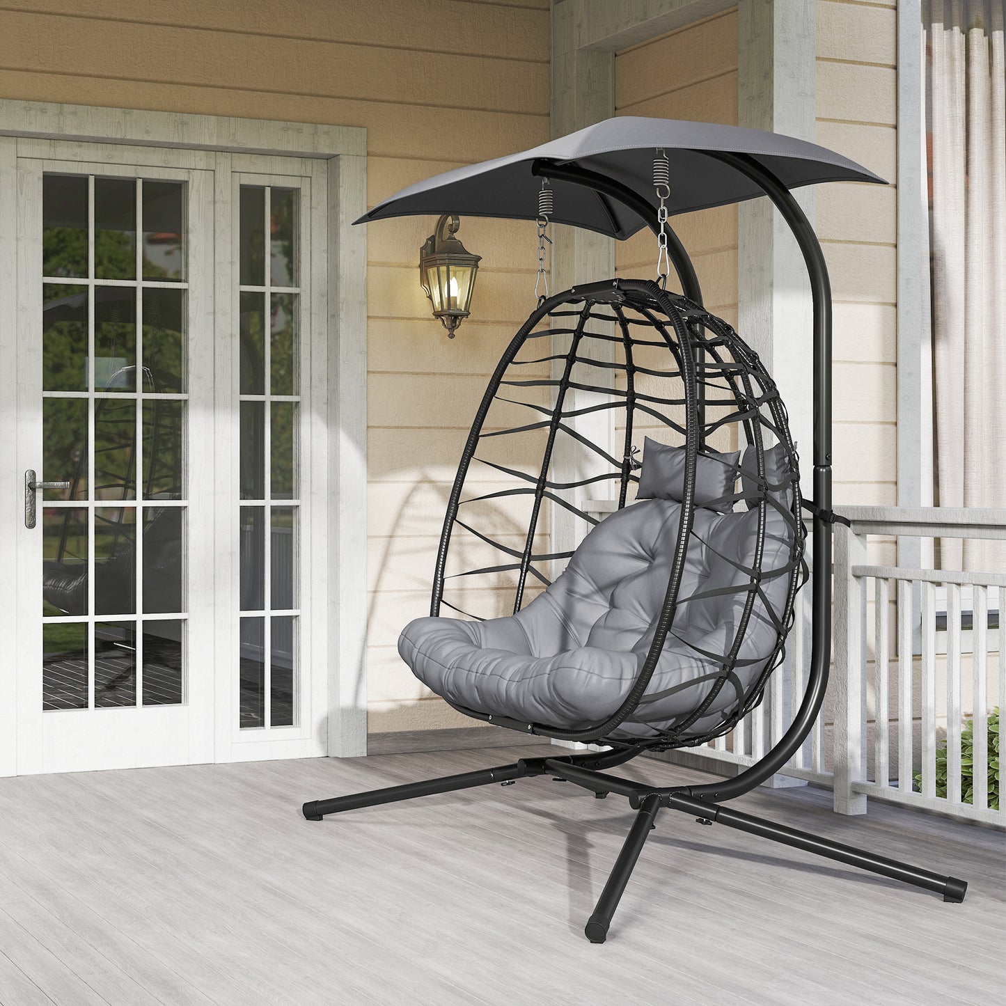 Rattan Double Hanging Egg Chair with Canopy, Cushion, Black