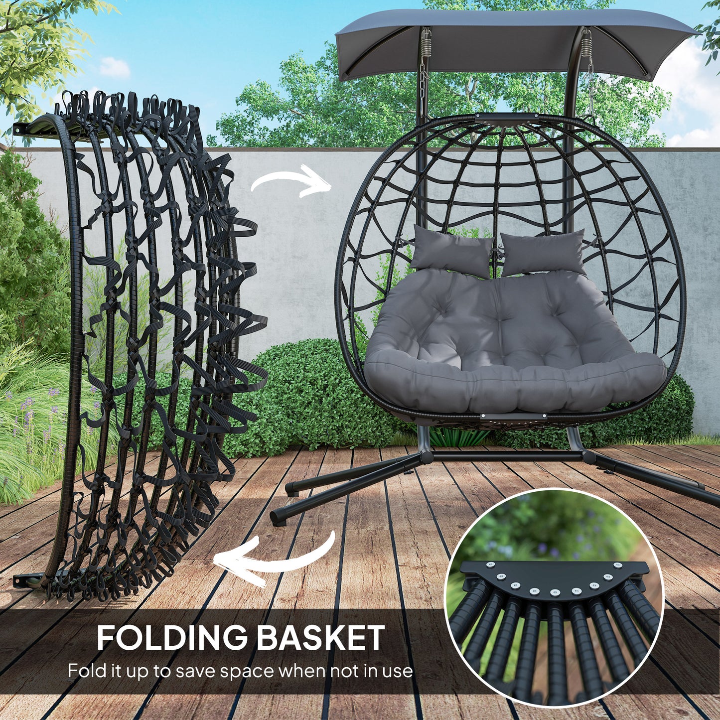 Rattan Double Hanging Egg Chair with Canopy, Cushion, Black