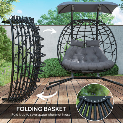 Rattan Double Hanging Egg Chair with Canopy, Cushion, Black