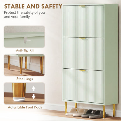 Narrow Shoe Cabinet with 3 Flip Drawers, Modern Slim Shoe Storage Cabinet with Fluted Doors and Adjustable Shelves for Hallway, Holds 9-18 Pairs, Light Green