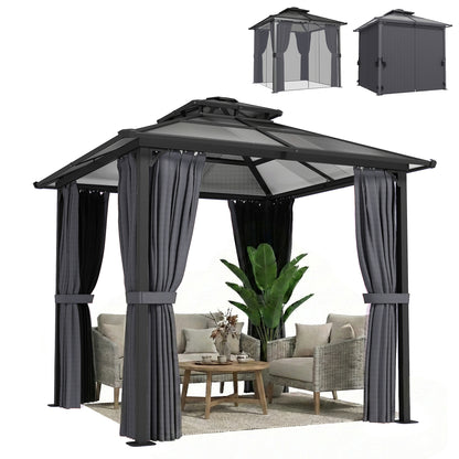 2.5x2.5 m Hardtop Gazebo Canopy w/ Drainage Gutters, Garden Gazebo