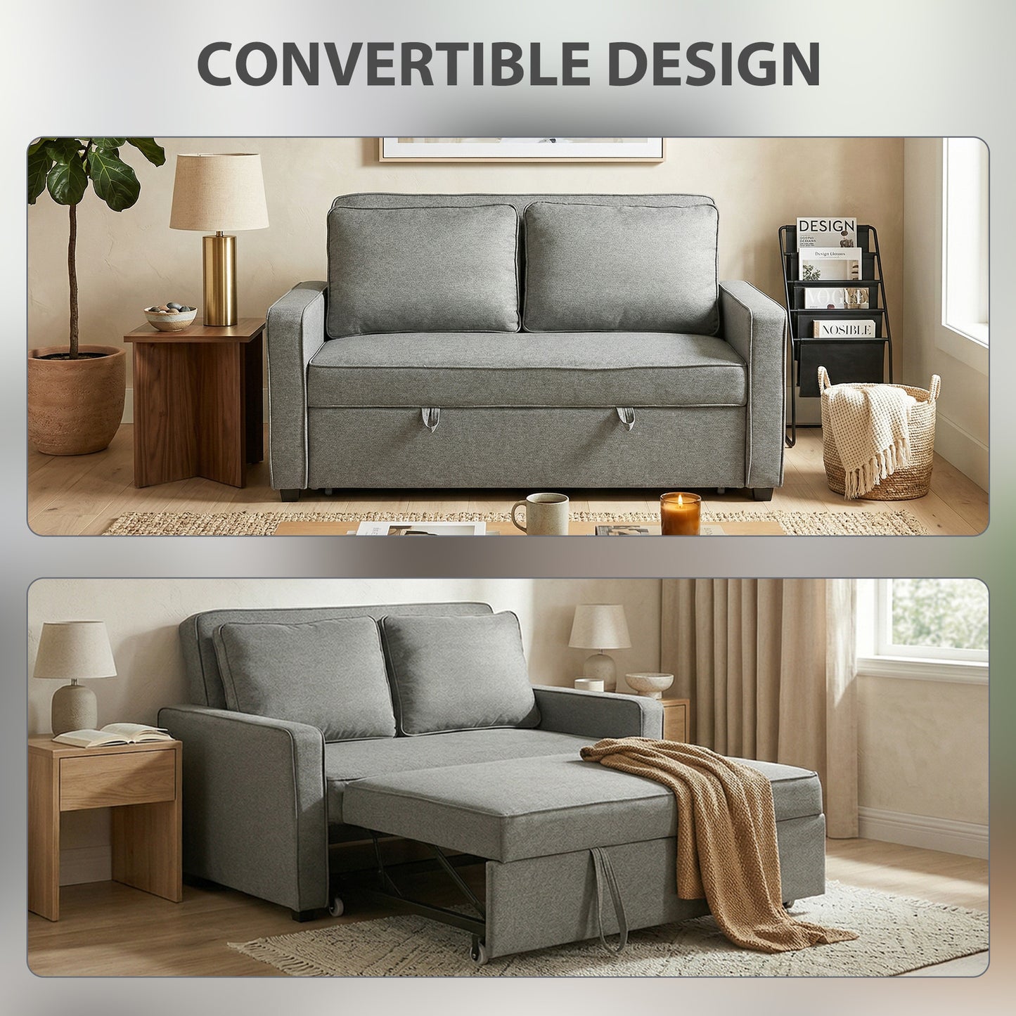 2 Seater Pull Out Sofa Bed with 2 Pillows, Fabric Click Clack Sofa Bed with Wood Core, Convertible Sleeper Sofa for Living Room, Bedroom, Grey