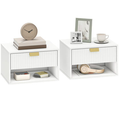 Floating Bedside Tables Set of 2 with Fluted Drawer Open Shelf White