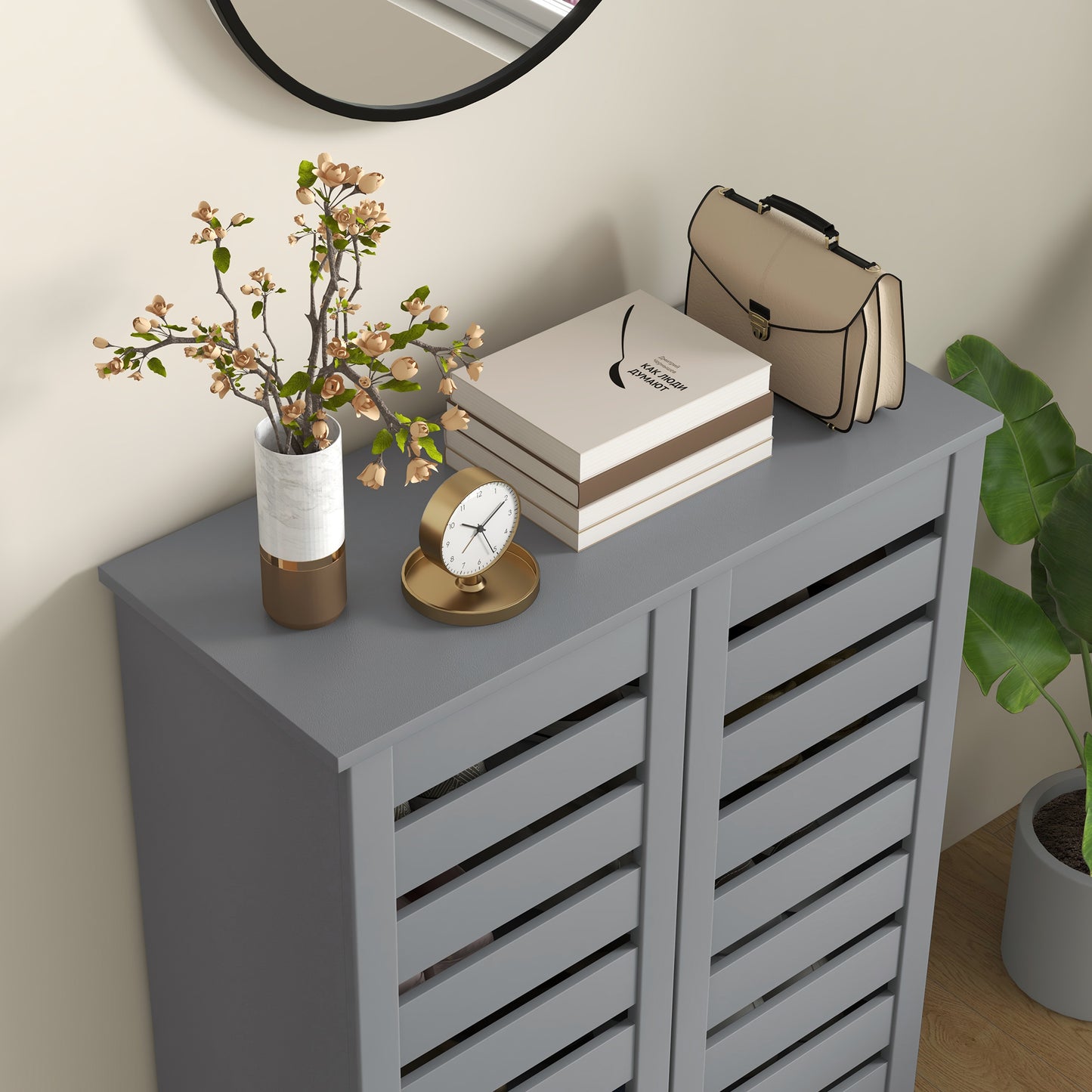 Shoe Storage Cabinet with Slatted Doors for 15 Pairs of Shoes Grey