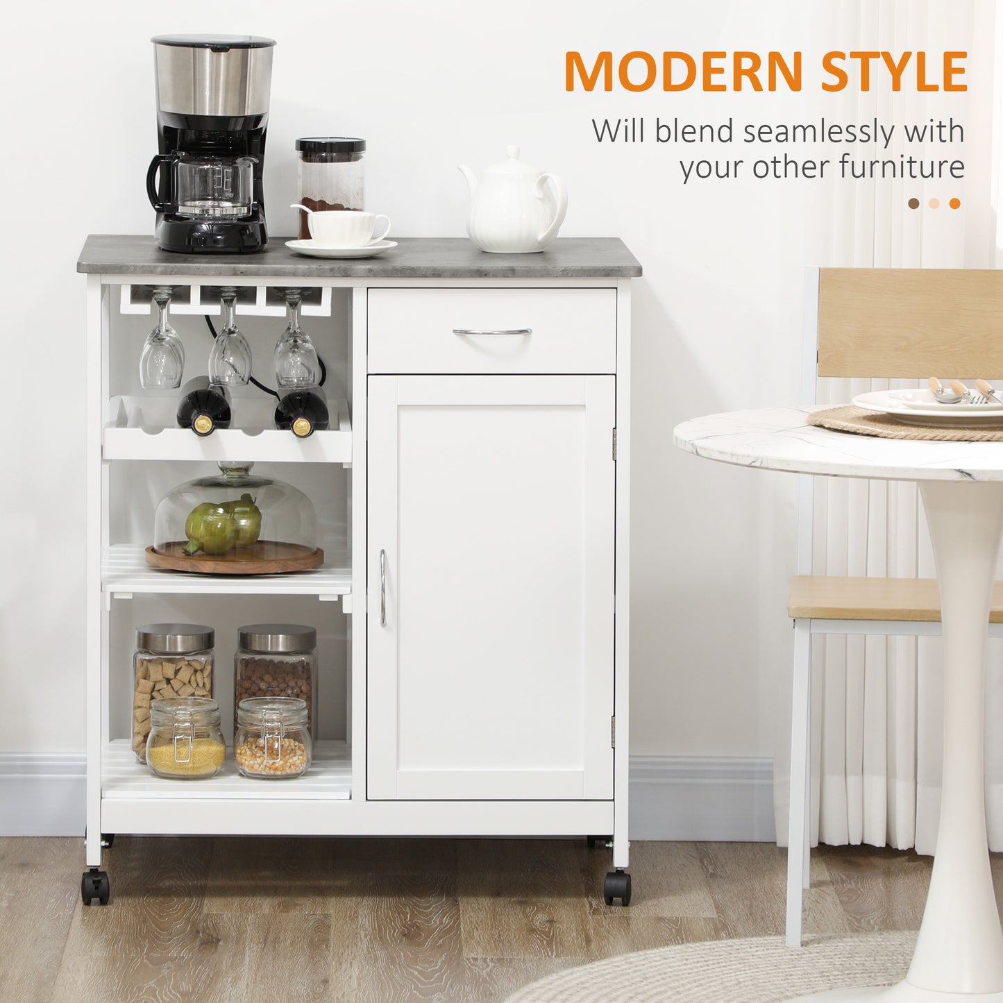 Kitchen Trolley Utility Cart W/ Wheel Wine Rack Open Shelf and Cabinet