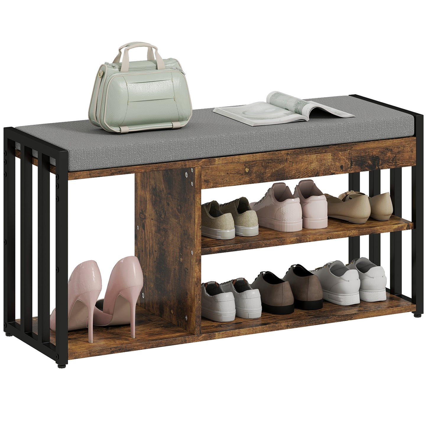 Upholstered Entryway Shoe Bench with Storage Shelves, Rustic Brown