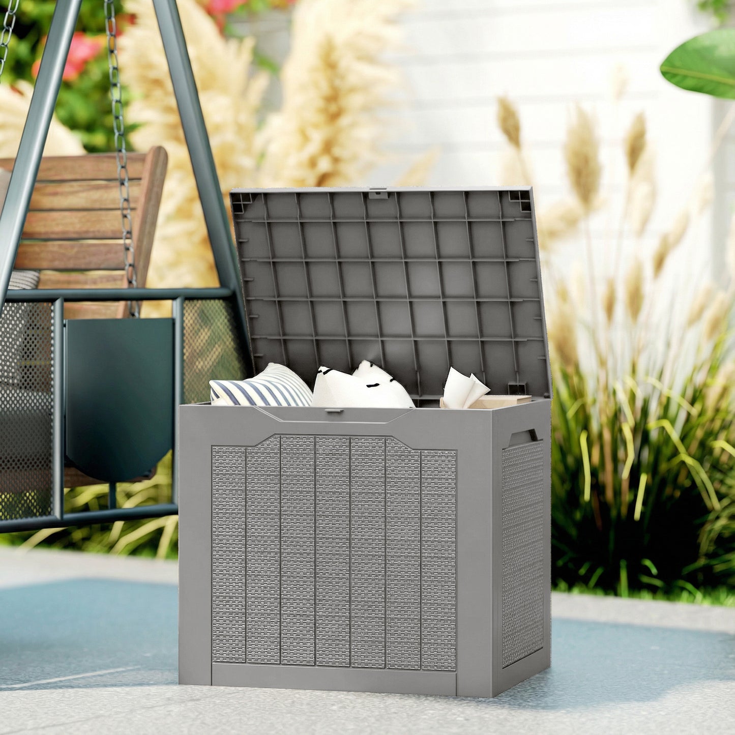 93L Plastic Garden Storage Box, Storage Container w/ Handles Khaki