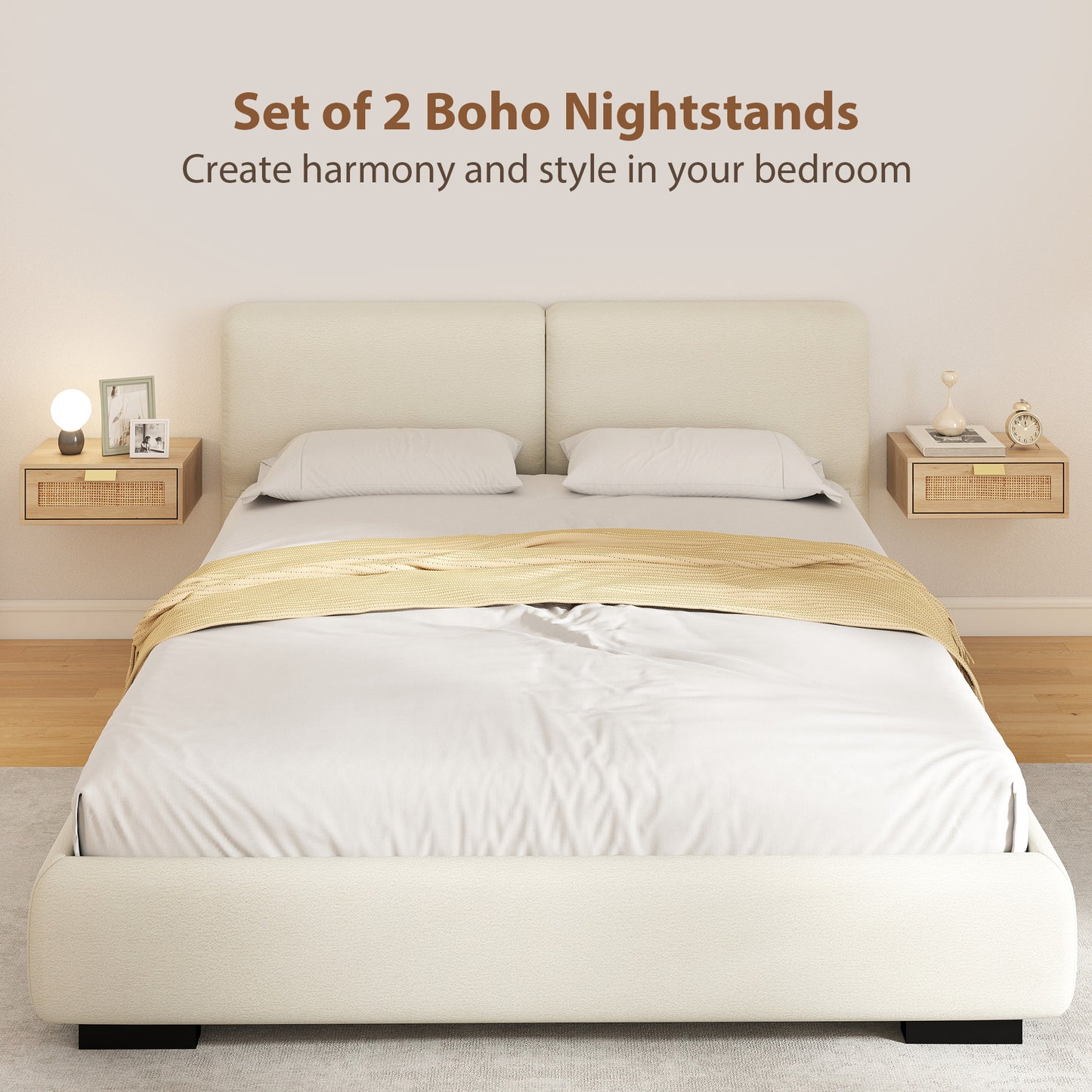 Floating Bedside Tables Set of 2, Boho Nightstands with Rattan Drawer