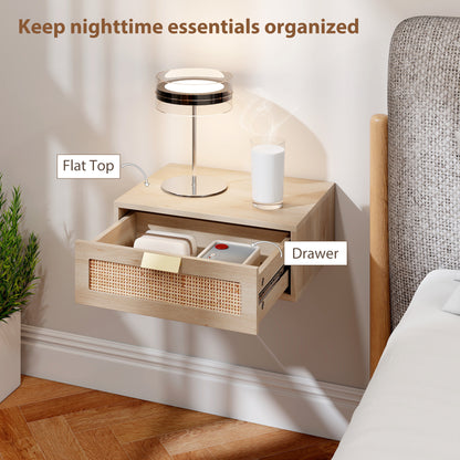 Floating Bedside Tables Set of 2, Boho Nightstands with Rattan Drawer