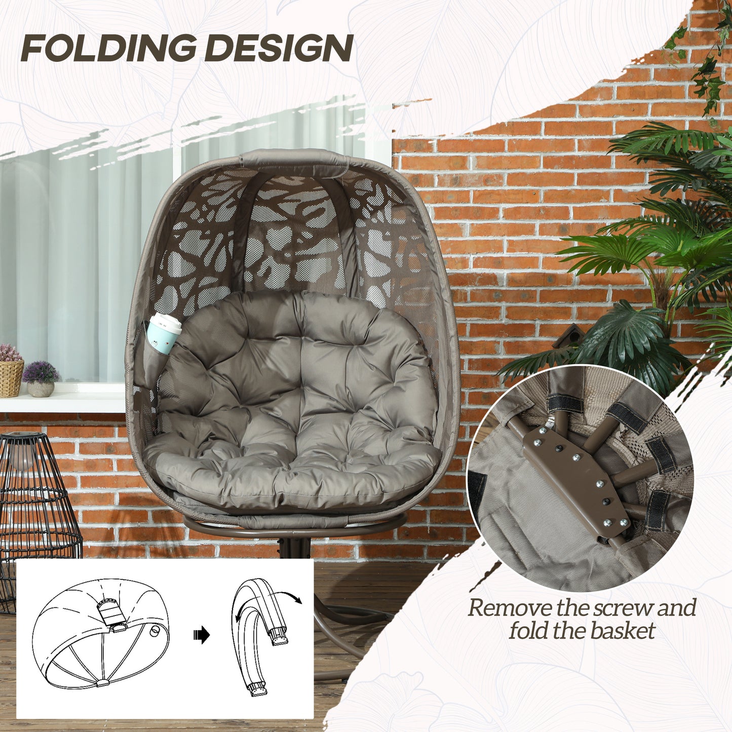 Foldable Egg Chair with Cushions, Indoor Outdoor Swivel Lounger, Sand