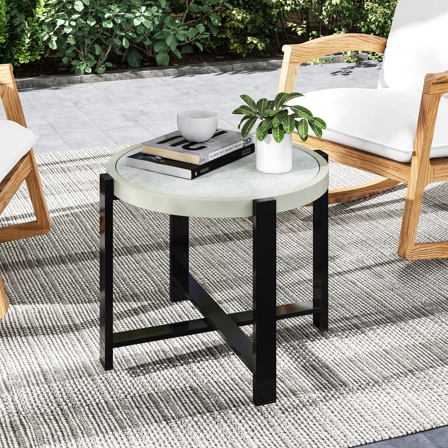 Round Small Garden Table with Faux Marble Glass Top, Light Grey