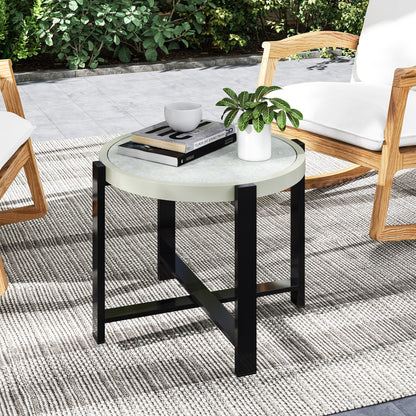 Round Small Garden Table with Faux Marble Glass Top, Light Grey