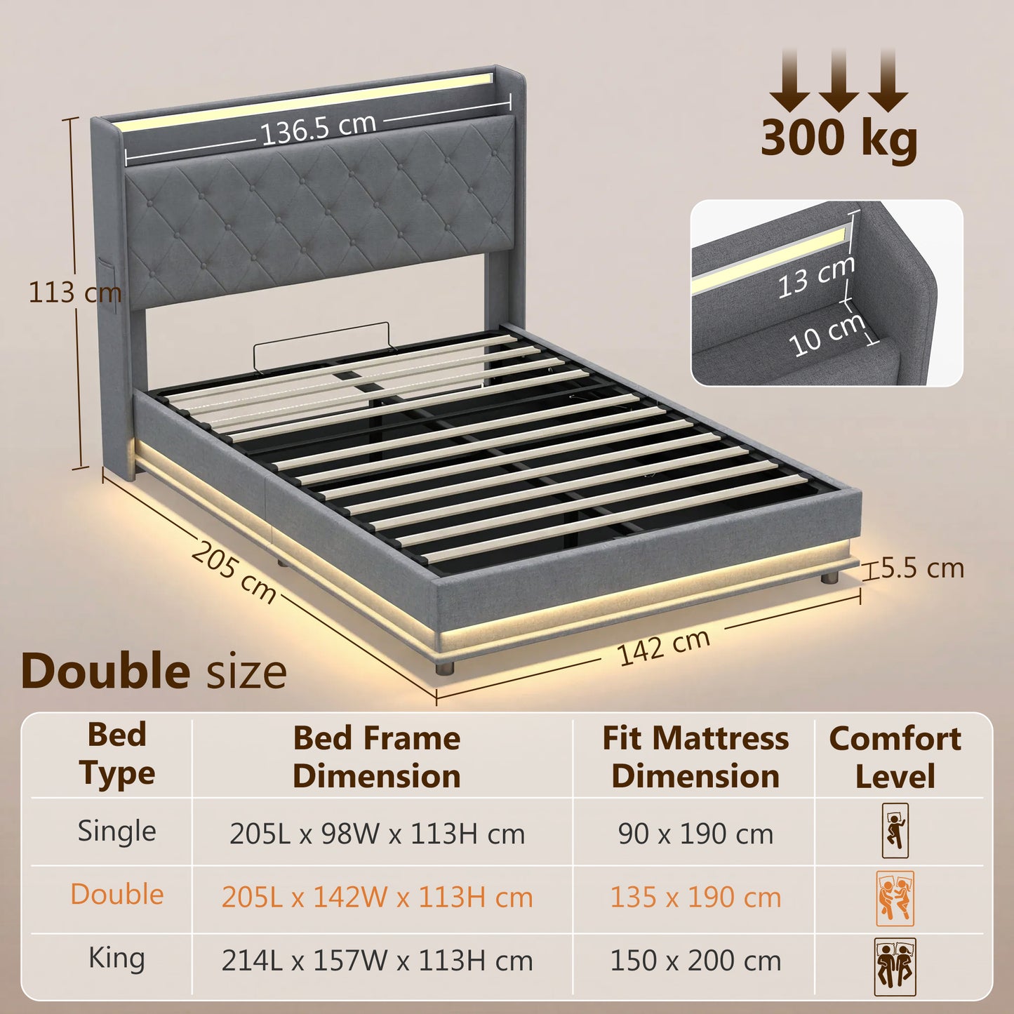 4ft6 Double Bed Frame with Headboard, Platform Bed Frame with Hydraulic Storage, LED Lights and Charging Station, Grey