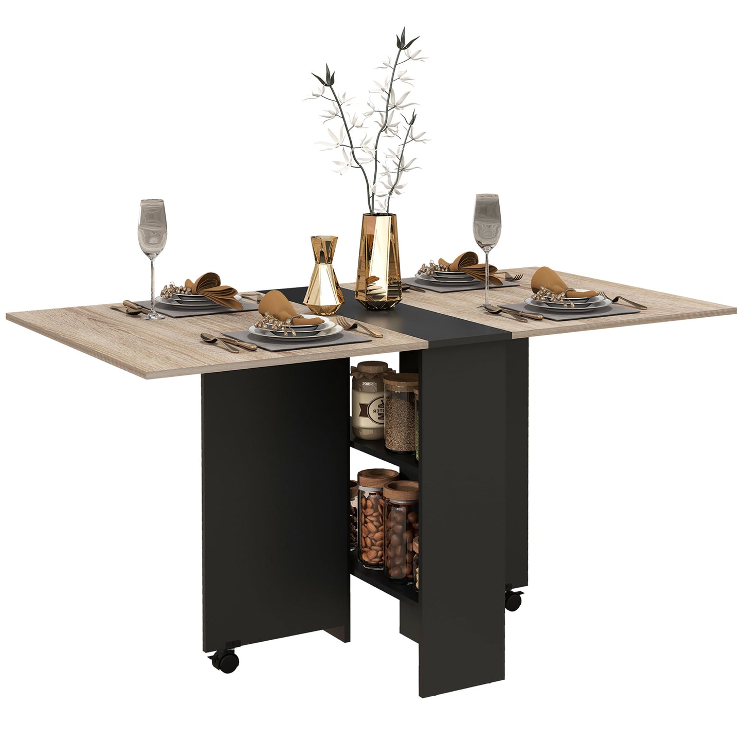 Mobile Drop Leaf Dining Table Folding Desk w/ 2 wheels Storage Shelves