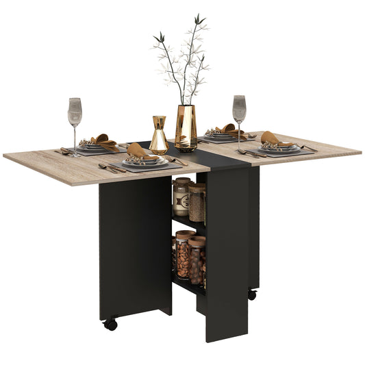 Mobile Drop Leaf Dining Table Folding Desk w/ 2 wheels Storage Shelves
