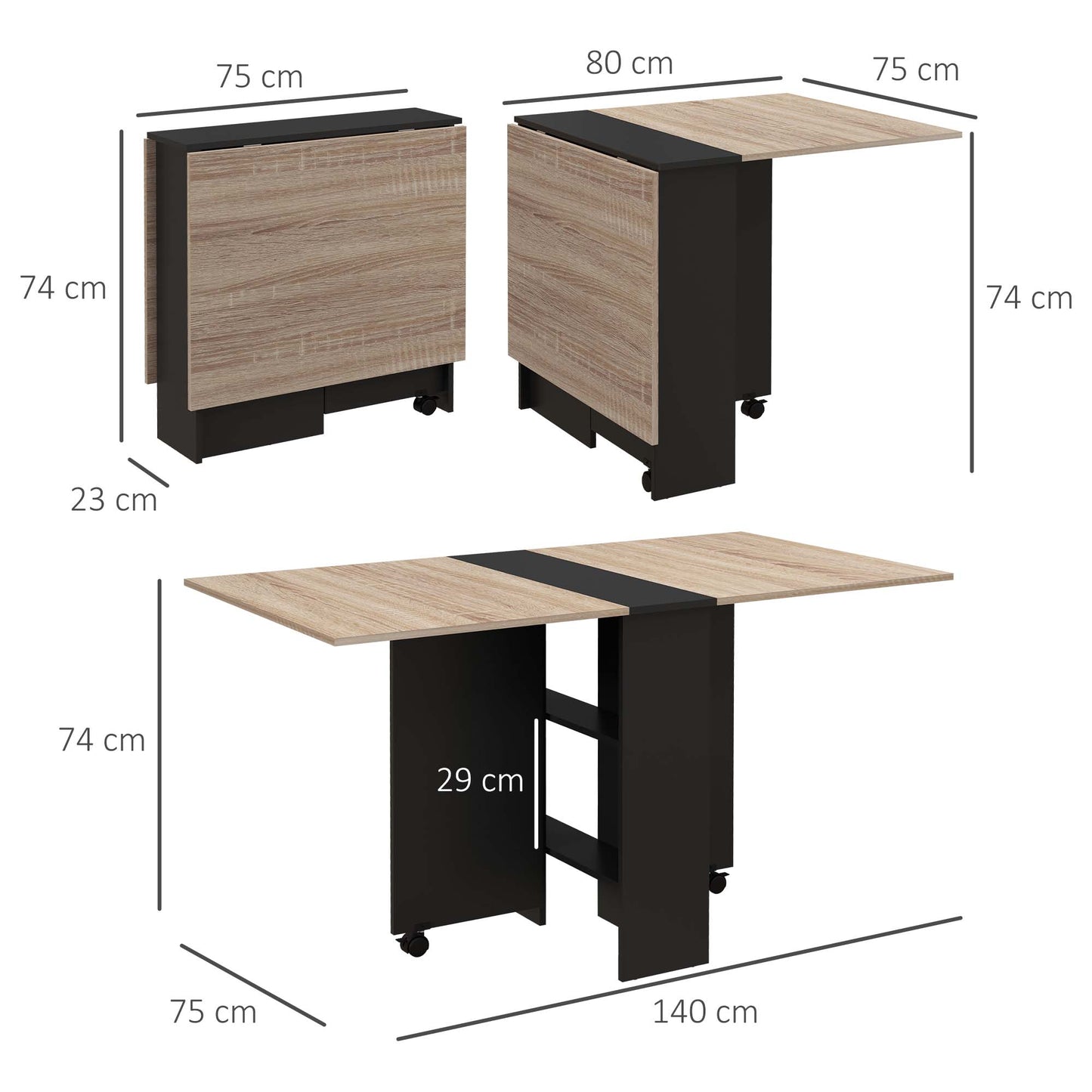 Mobile Drop Leaf Dining Table Folding Desk w/ 2 wheels Storage Shelves