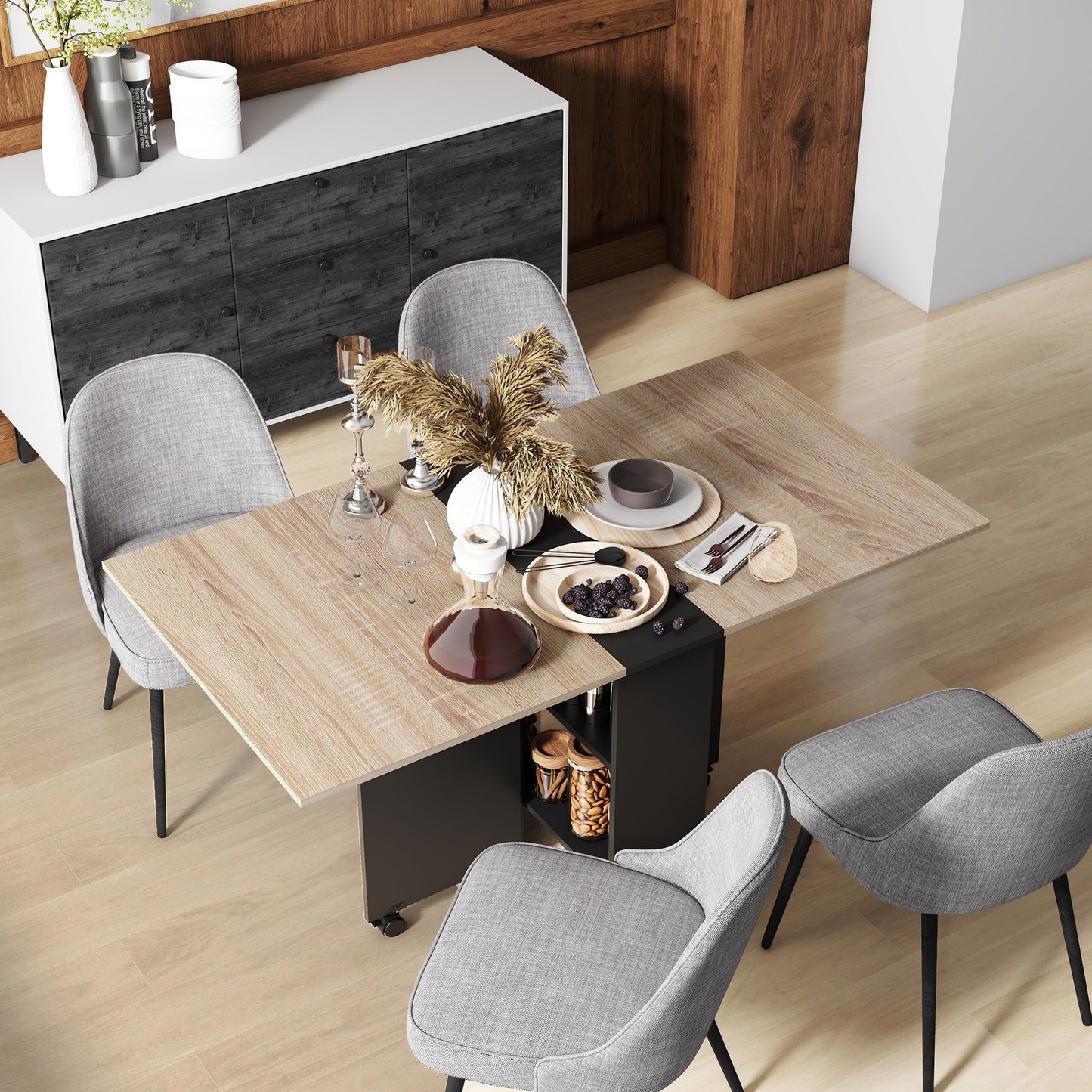 Mobile Drop Leaf Dining Table Folding Desk w/ 2 wheels Storage Shelves