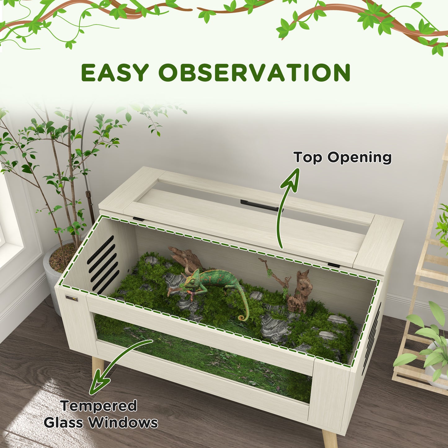 Reptile Terrarium, 140L Snake Vivarium with Tempered Glass Windows