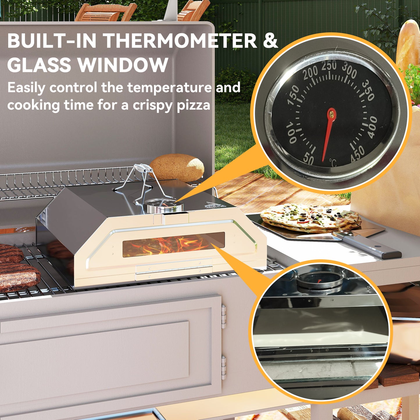 Outdoor BBQ Pizza Oven with Thermometer for Gas/Charcoal BBQ Grills