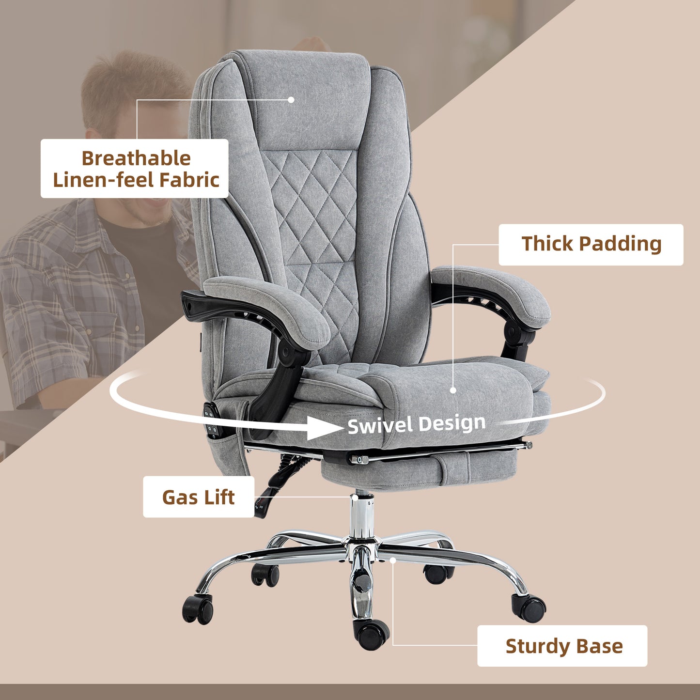 Massage Office Chair, Heated Reclining Desk Chair, Grey