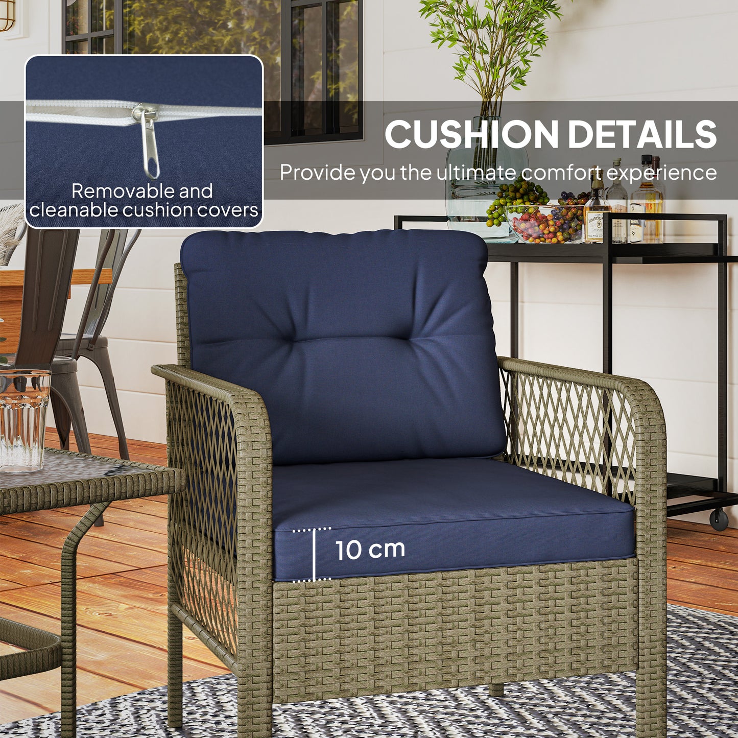 3 Pieces Rattan Bistro Set with Tempered Glass Table Charcoal Grey
