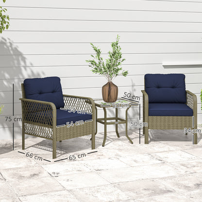 3 Pieces Rattan Bistro Set with Tempered Glass Table Charcoal Grey