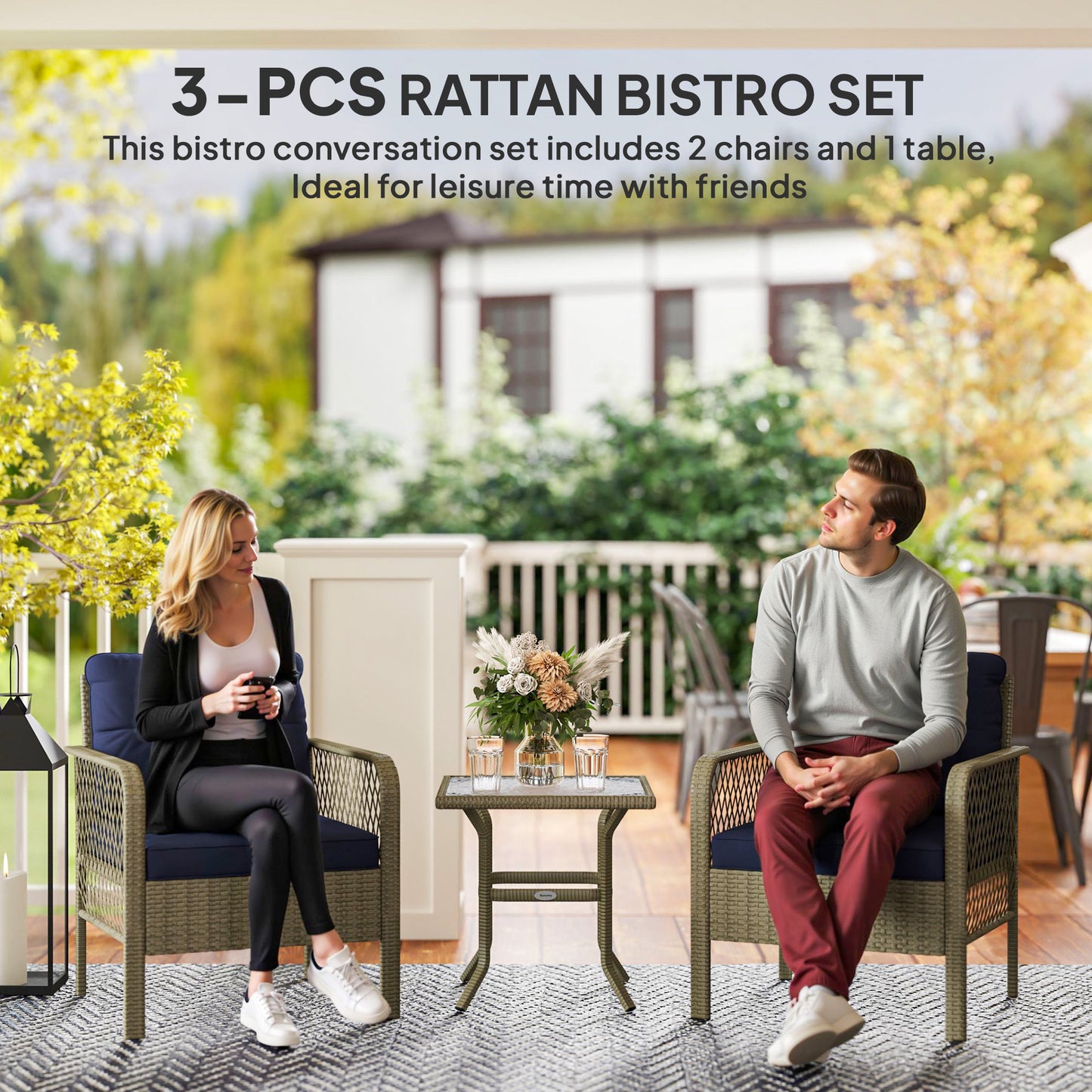 3 Pieces Rattan Bistro Set with Tempered Glass Table Charcoal Grey
