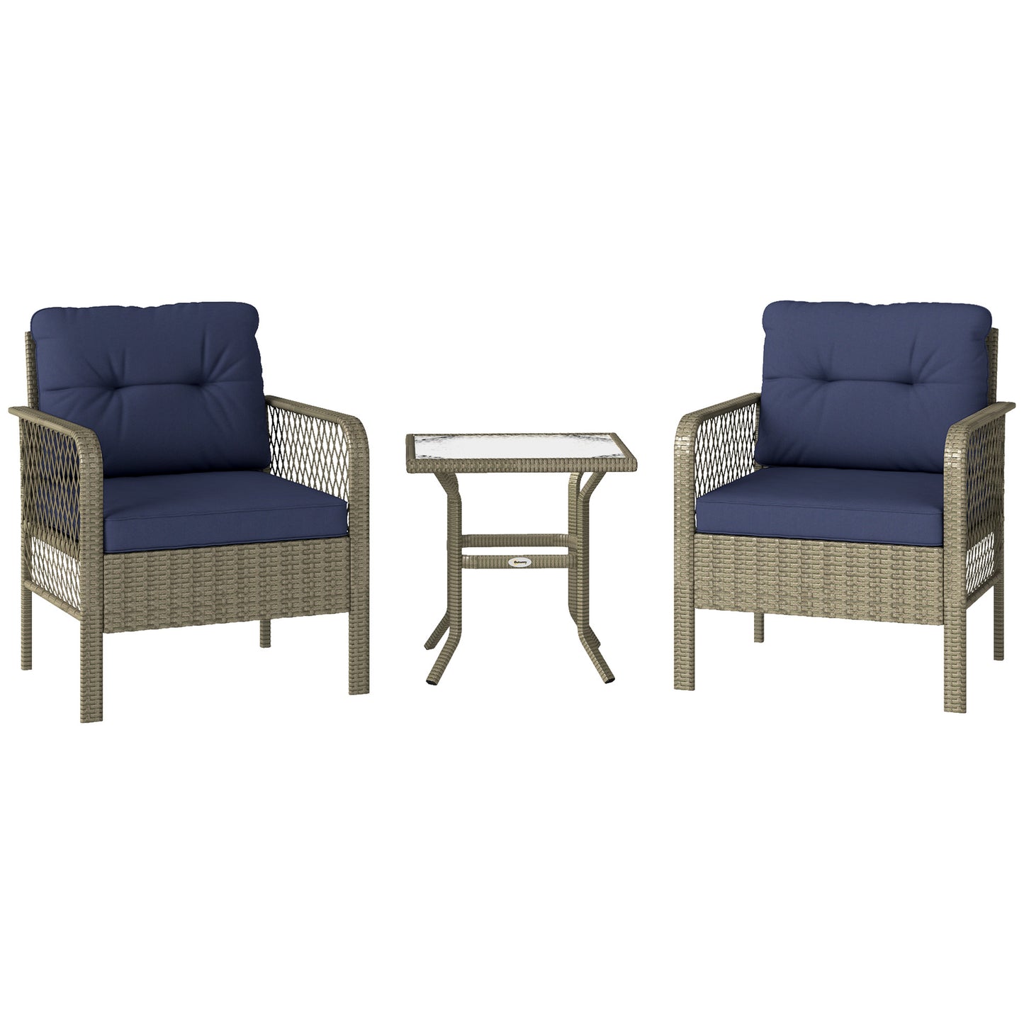 3 Pieces Rattan Bistro Set with Tempered Glass Table Charcoal Grey