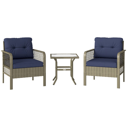 3 Pieces Rattan Bistro Set with Tempered Glass Table Charcoal Grey