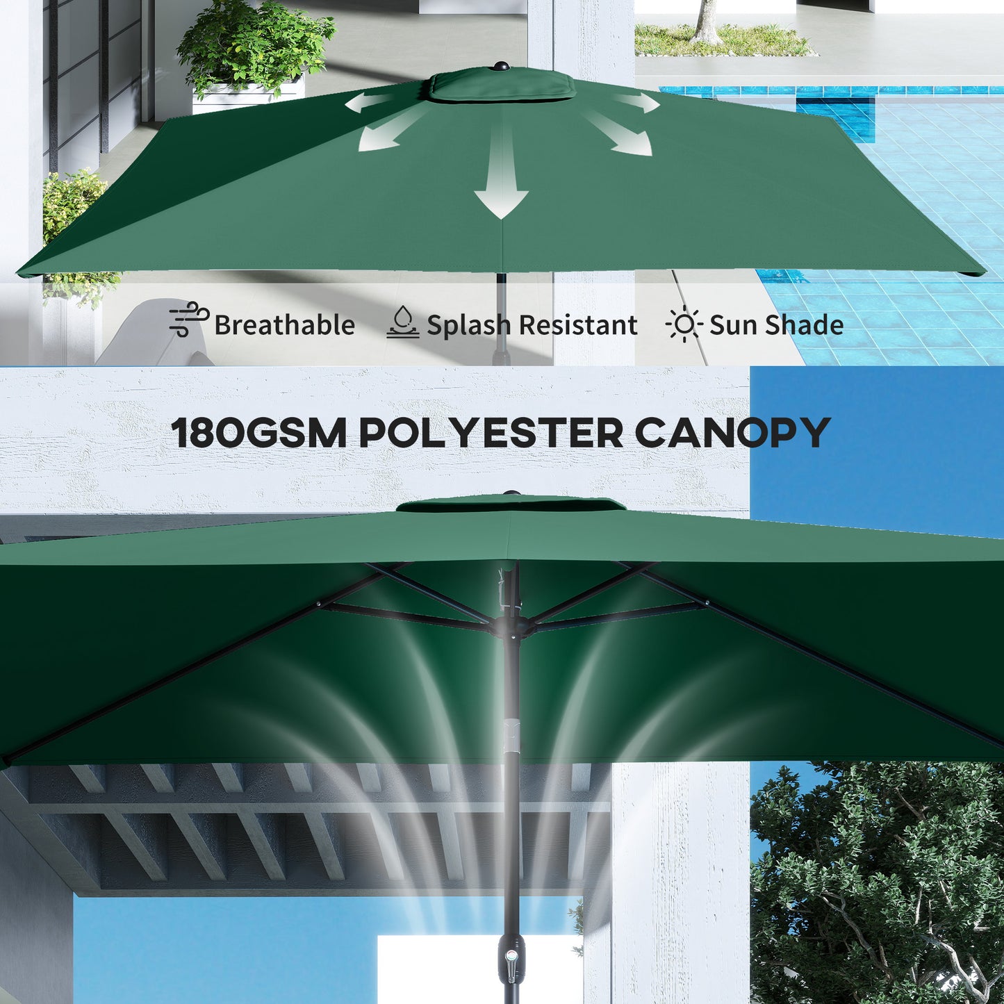 Garden Parasol, Outdoor Umbrella with Tilt Function, Green